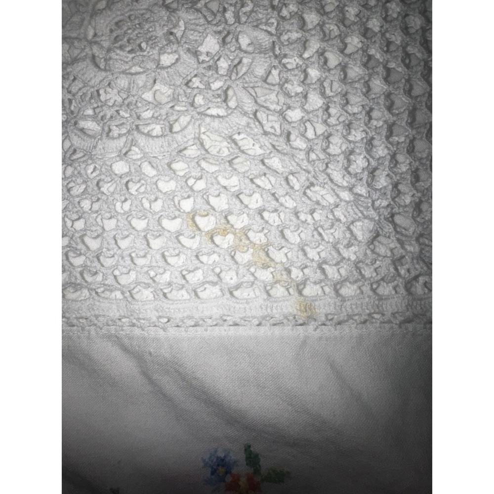 Vtg Cross Stitch Rose Crochet Lace Patchwork Tablecloth White 86x72 Cottagecore - Picture 5 of 6